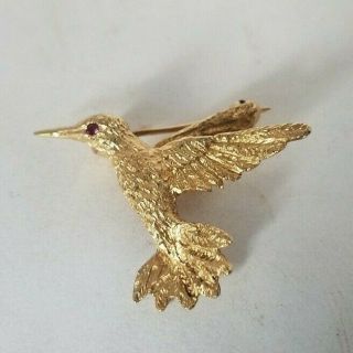 Vintage 14k Solid Yellow Gold Hummingbird Ruby Eye Brooch Pin 3 G