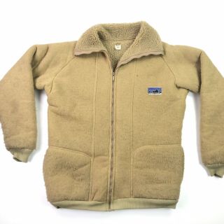 Vtg 70s Patagonia Chouinard First Label Mens Tan Deep Pile Zip Up Jacket Sz L