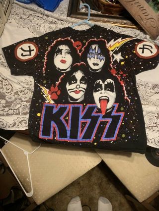 Vintage 90s Kiss T Shirt All Over Print Double Sided Size Large