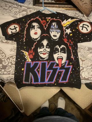 Vintage 90s Kiss T Shirt All Over Print Double Sided Size Large 2