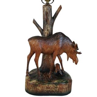 Rare Vintage Canadian Andre Dube Folk Art Carved Moose Table Lamp C.  1940