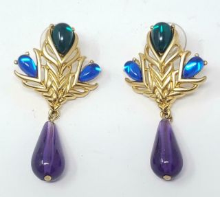 Vintage Trifari Moghul Jewels Of India Blue Green Purple Gold Dangle Earrings