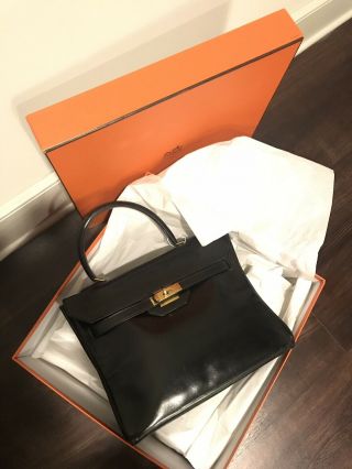 Authentic Vintage Hermes Kelly / Monaco Hand Bag Black Box Calf