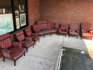 Hand Painted Ornate Victorian Red Antique Parlor Set Vintage Furniture 7 Peice