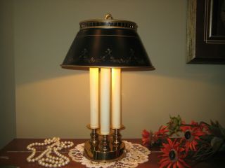 Vtg 3 Lights Brass Bouillotte Table Lamp Tole Shade French Library