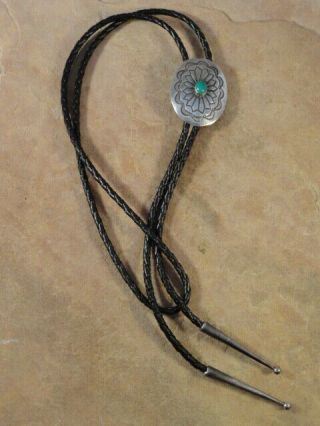 Vintage Pawn Navajo Stamped Sterling Silver & Turquoise Bolo Tie