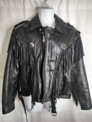 Vintage Unik International Leather Jacket With Fringe And Conchs Size 46