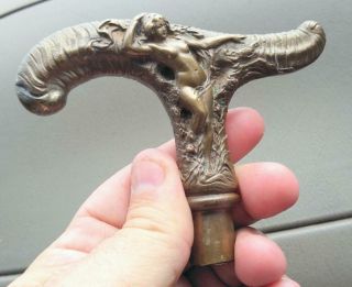 Old Bronze Brass Art Nouveau Nude Woman Lady Dragonfly Cane Walking Stick Handle