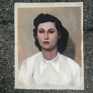 Gorgeous Old Vintage Portrait Oil Painting Canvas Woman Dark Eyes White Blouse