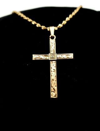 Vintage 10k Rose Gold Cross Crucifix With Diamond Chip On 14k G.  E Rope Chain