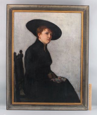 Antique 1917 Signed American Impressionist Portrait Oil Painting,  Woman In Hat