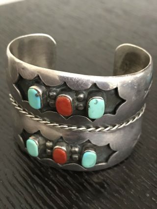 Vintage American Indian Turquoise Coral Cuff Bracelet Silver