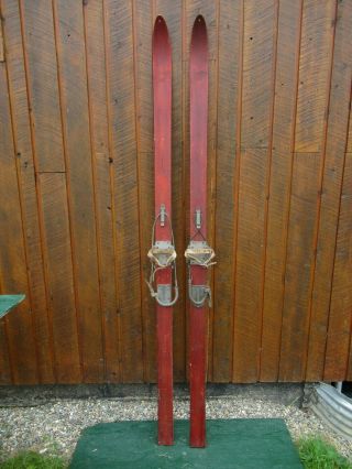 Vintage Wooden 83 " Long Skis Old Reddish Wood Finish With Metal Cable Bindings