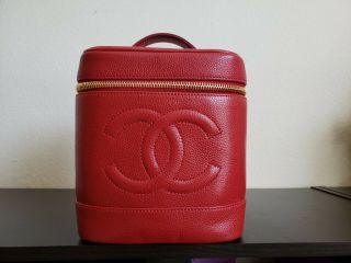 Chanel Vintage Vanity Cosmetic Handbag Red Caviar 100 Authentic