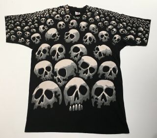 Vintage Liquid Blue Skulls All Over Print 1992 T Shirt Large
