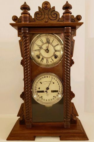 Antique 1891 Waterbury Perpetual Double Dial Calendar No.  40 Walnut Mantel Clock