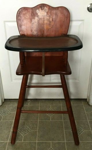 Vintage Antique Child Baby Solid Wood High Chair With Tray -