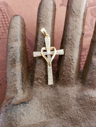 Vintage 10k Yellow Gold Natural Diamonds Religious Cross Heart Pendant