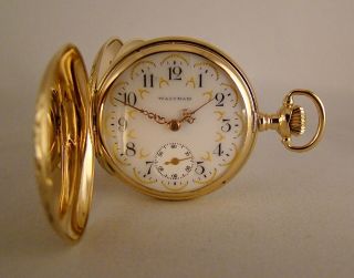 110 Years Old Waltham 14k Solid Gold Hunter Case Fancy Dial Great Pocket Watch