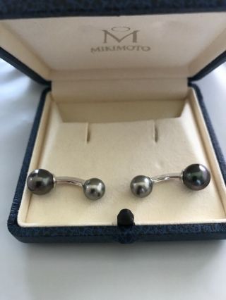 Mikimoto Cultured Black Pearl White Gold Cuff Links Rare Retail - 2850