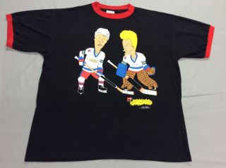 Vintage 90s Beavis And Butthead Hockey Black Ringer Stanley Desantis T - Shirt Xl