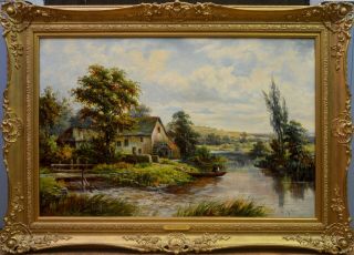 Large Early 20thC Landscape Oil Painting Angling on River Avon Fishing 2