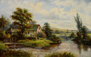 Large Early 20thC Landscape Oil Painting Angling on River Avon Fishing 3