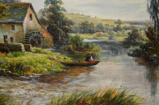 Large Early 20thC Landscape Oil Painting Angling on River Avon Fishing 5