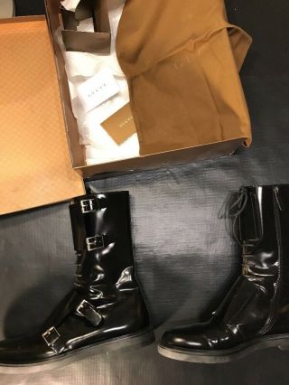 GUCCI LEATHER GOTHIC BIKER BOOTS WORN ONCE SIZE 45 US 12 RARE GG 100 AUTHENTIC 11