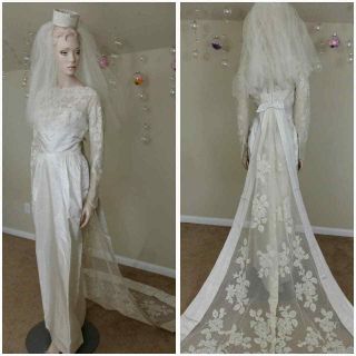 Vintage 60s Ivory Wedding Gown With Train Removable And Veil By Miss Betsy