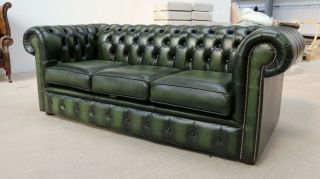 Chesterfield Tufted Buttoned 3 Seater Sofa Couch Real Vintage Green Leather