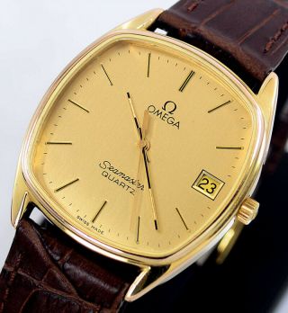 Vintage Omega Seamaster Quartz Date Cal1332 Yellow Gold Dial Men 