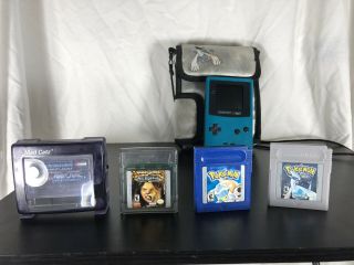 Blue Gameboy Color With Games And Vintage Carrying Case