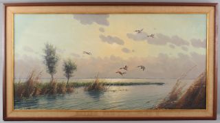 Large Authentic G.  Van Der Velde Mallard Ducks Marshland Luminist Oil Painting 2