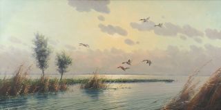 Large Authentic G.  Van Der Velde Mallard Ducks Marshland Luminist Oil Painting 3