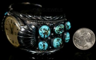 HEAVY 60 ' s Old PAWN Navajo Vintage SOLID Sterling Turquoise Watch Cuff Bracelet 8