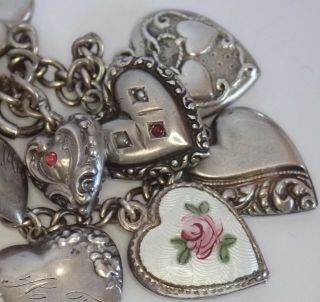Vintage Antique Sterling Silver Enamel Paste Jeweled Puffy Heart Charm Bracelet
