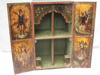 Antique Mexican Spanish Colonial Wood Altar W/ Exterior And Interior Paintings