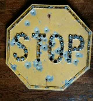 Vintage Yellow Stop Sign Embossed Steel Glass Cateye Reflector Road Traffic