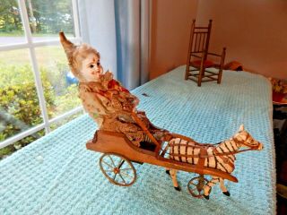 Antique French Early Toy Clown Being Pulled By Zebra Rare