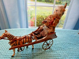 ANTIQUE FRENCH EARLY TOY CLOWN BEING PULLED BY ZEBRA RARE 4