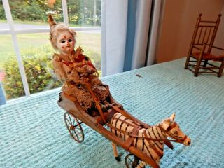 ANTIQUE FRENCH EARLY TOY CLOWN BEING PULLED BY ZEBRA RARE 7