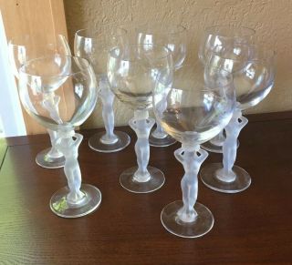 Set Of 8 Vintage Frosted Nude Woman Wine Glasses