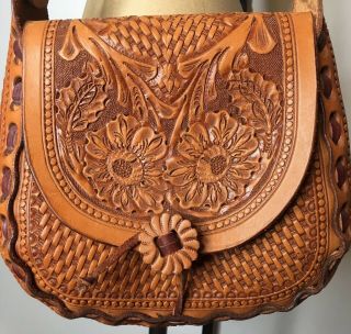 Vintage Sunflower Floral Tooled Leather Purse Shoulder Bag Tan Brown Nos