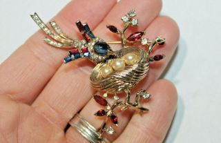 Rare Vintage Crown Trifari Sterling Rhinestone Brooch Bird On Nest Golden Pearls