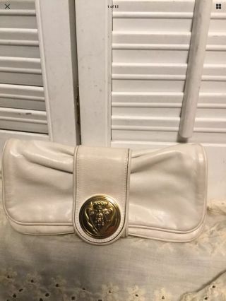 Gucci Vintage Winter White Leather Rich Gold Tone Logo Clutch Wallet Bag