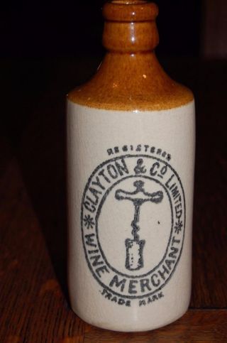 Vintage Antique Clayton Limited Wine Merchant Stoneware Ginger Beer Bottle