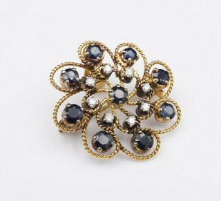 Vtg 14k Yellow Gold 2.  5ct Diamond Sapphire Wreath Brooch Pin Pendant 1 " Og218