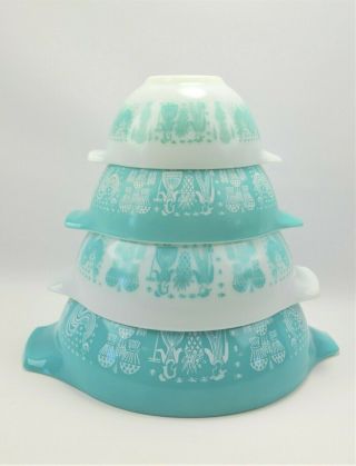 Vintage Pyrex Amish Butterprint Blue Nesting Cinderella 4 Piece Mixing Bowl Set