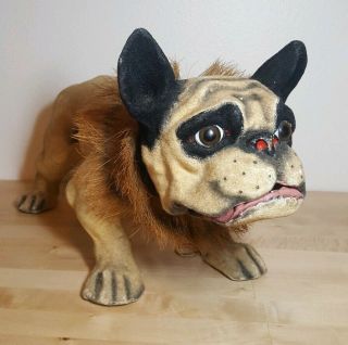 Antique Pull Toy French Bulldog Paper Mache Growler 8